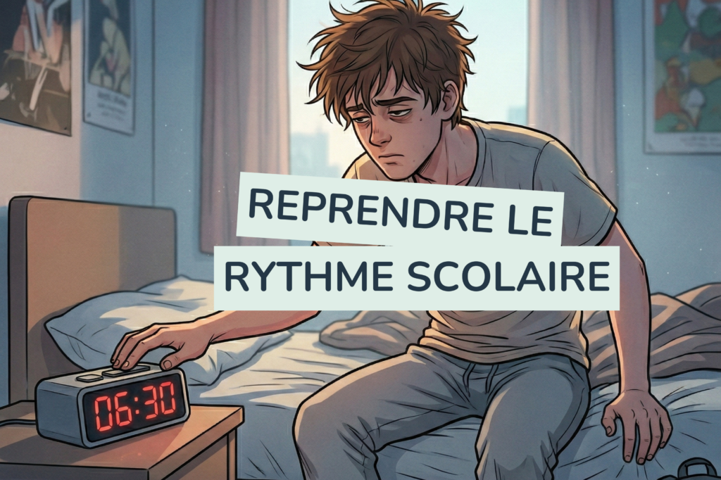 Illustration d’un élève de lycée retrouvant son rythme scolaire après les vacances, travaillant à son bureau avec une organisation régulière et une méthode d’apprentissage structurée pour améliorer sa concentration et sa réussite avec Tutobac.