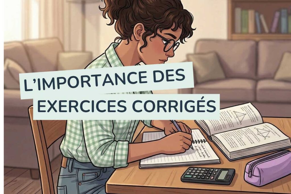 Illustration d’un élève réalisant des exercices de mathématiques corrigés, montrant l’importance de l’entraînement régulier, des corrigés détaillés et de la méthode de travail pour progresser en maths au lycée avec Tutobac.