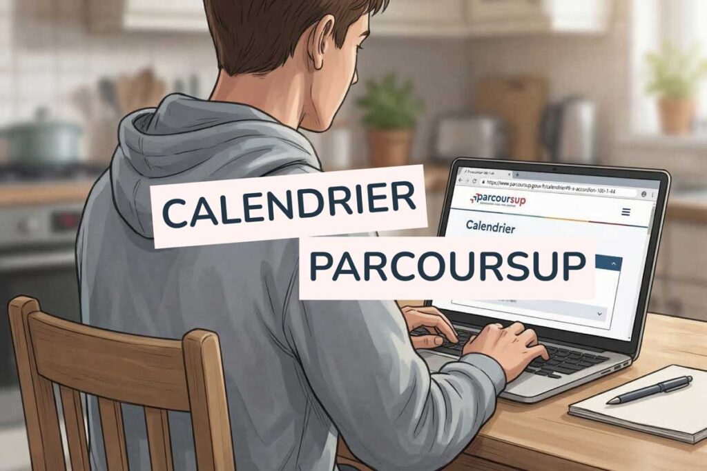 Illustration d’un lycéen utilisant la plateforme Parcoursup pour son orientation post-bac, montrant les étapes clés du calendrier 2026 et le processus d’admission dans l’enseignement supérieur en France avec un accompagnement pédagogique.