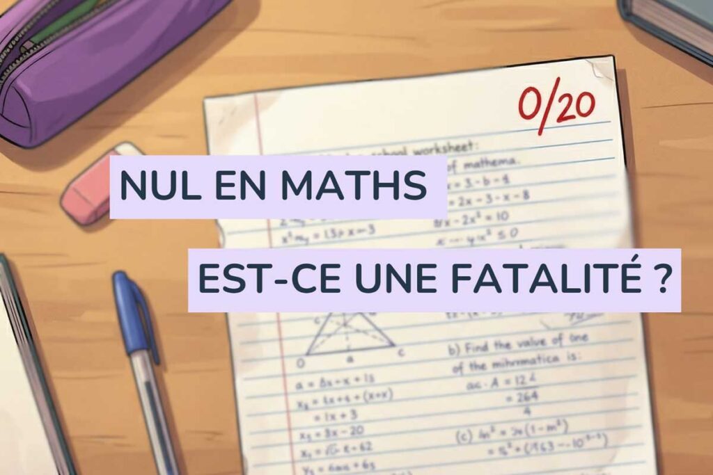 Illustration d’un élève en difficulté en mathématiques accompagné dans son apprentissage, montrant que ‘être nul en maths’ n’est pas une fatalité et que la progression est possible grâce à la méthode, la confiance en soi et des outils éducatifs comme Tutobac.
