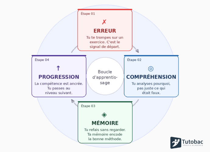 Schéma montrant la boucle d’apprentissage par l’erreur : exercice, correction, compréhension, nouvel essai et progression en mathématiques avec Tutobac.