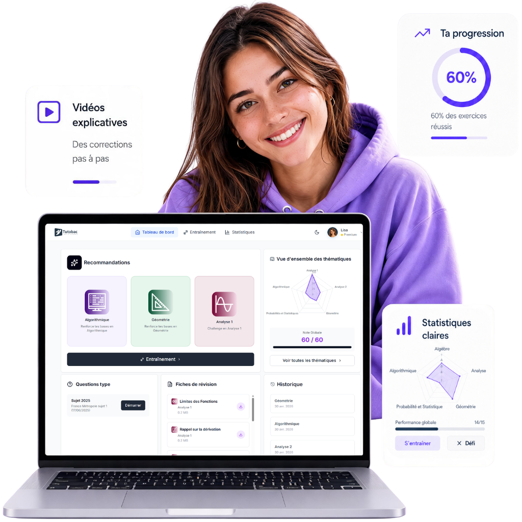Élève utilisant la plateforme Tutobac pour s’entraîner en mathématiques en ligne avec des exercices interactifs, des corrigés détaillés et une méthode de travail efficace pour progresser au lycée.