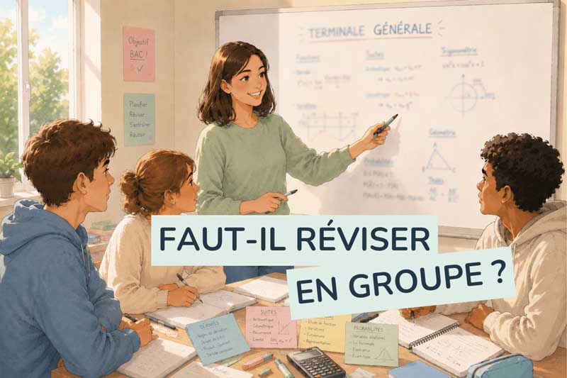 Révisions en groupe : bonne ou mauvaise idée ? Des étudiants travaillent ensemble autour d’une table avec des cahiers et un ordinateur pour s'entrainer à réviser pour le bac. Tutobac aide à s'exercer